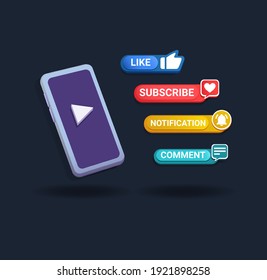 3d Clay Smarphone with pop up message subsribe symbol for channel streaming video concept in cartoon illustration vector