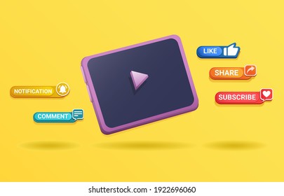 3d Clay Tablet Device With Pop Up Message Subsribe Symbol For Channel Streaming Video Concept In Cartoon Illustration Vector