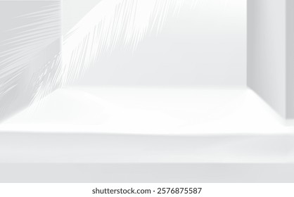 3d clean soft  stage background product display podium scene with palm leaf floral decor.  Blurred soft light architectural vector background with white show product podium.