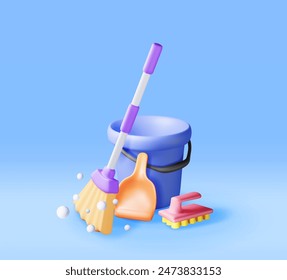 3d cleaning time or service concept isolated. Render empty bucket with broom and dustpan for cleaning and washing. House cleaning equipment. Household accessories. Realistic vector illustration