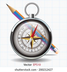 3d clear compass and pencil on graph paper background, vector illustration