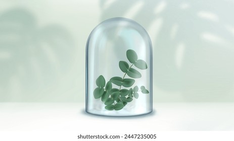 3d clear glass bell cover for branch to display. Safe jar case for laboratory plant showcase on table. Lab product presentation inside plastic glossy container. Realistic cloche terrarium design