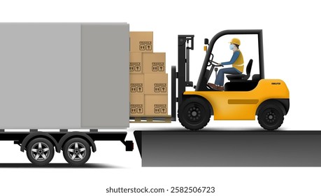 3D Clear New Forklift Lifts Pallet Boxes Isolated On White Background. EPS10 Vector