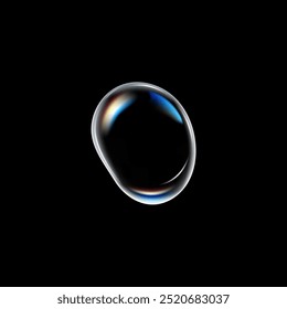 3d Klar abgerundeter großer Wassertropfen mit Blendung, einzeln auf dunklem Hintergrund. Draufsicht. Realistischer Regentropfen. Serum, Kollagengel, Kosmetikprodukt. Flüssigkeit. Vektorgrafik.