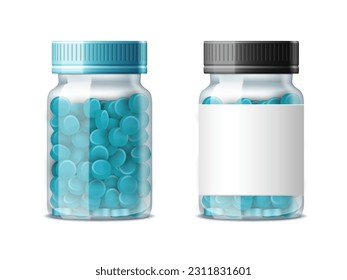 3D Clear Transparent Glass Medicine Bottle With Pills. EPS10 Vector