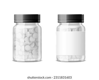 3D Clear Transparent Glass Medicine Bottle With Pills. EPS10 Vector