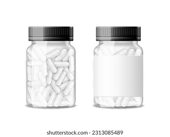 3D Clear Transparent Glass Medicine Bottle With Pills. EPS10 Vector