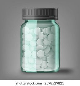 3D Clear Transparent Glass Medicine Bottle With Pills. EPS10 Vector
