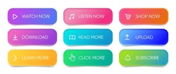3d click here web buttons. Set of action button, hand cursor and arrow pointing click link buttons. Add to cart, shop now, download buttons. Online shopping icons for UI UX website, mobile app.