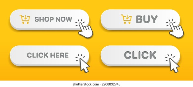 3d click here web buttons. Set of action button, hand cursor and arrow pointing click link buttons. Add to cart, shop now buttons. Online shopping icons for UI UX website, mobile app.
