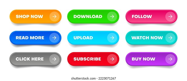 3d click here web buttons. Set of action button, hand cursor and arrow pointing click link buttons. Add to cart, shop now, upload, downloa buttons. Online shopping icons for UI UX website, mobile app