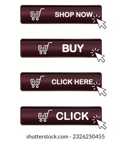 3d click here web buttons. Set of action button, cursor with arrow pointing to link button. Add to cart, buy now buttons. Online shopping icons for UI UX website, mobile app.