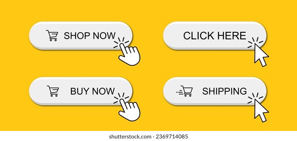 3d click here web buttons. Set of action button, hand cursor and arrow pointing click link buttons. Add to cart, shop now buttons. Online shopping icons for UI UX website, mobile app. Vector 10 eps.