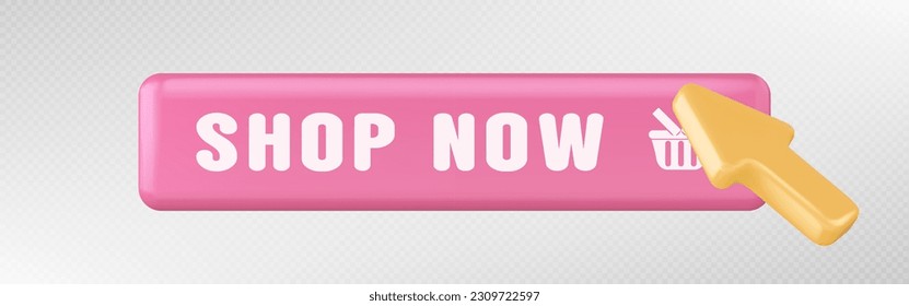 3d click on shop now button in online shop. Web banner for buy and cursor icon. Arrow cursor and button on Internet site isolated on transparent background, vector illustration. 3D Illustration