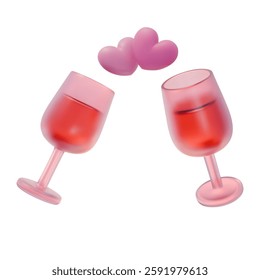 3D Clicking Drink Glasses with Liquid and Hearts. Love dating, romantic concept. Realistic vector illustration. 3D rendering icon