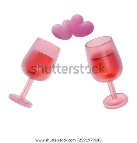 3D Clicking Drink Glasses with Liquid and Hearts. Love dating, romantic concept. Realistic vector illustration. 3D rendering icon