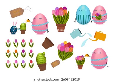 3D clip art collection of adorable anthropomorphic Easter eggs characters and couple egg, potted cactus and tulips, bouquet of flowers, watering cans, and tulip set in a festive holiday theme.