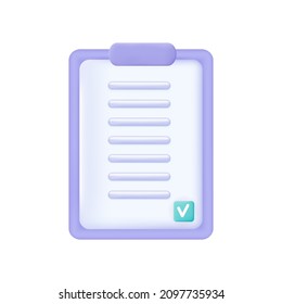 3d clipboard approve with green check mark. Paper document or plan, annual report. Accepted assignment with a result or a positive mark. Verified, approve document, completed task in clipboard. Vector