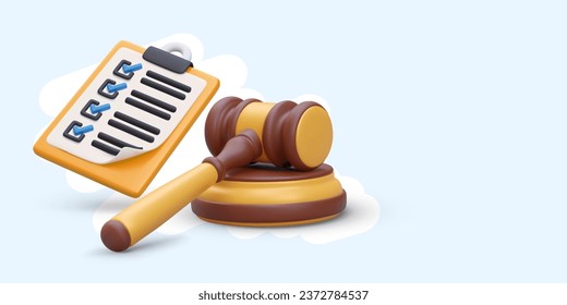 3D clipboard with attached list, judges gavel. List of evidence, documents, facts. Procedure implementation protocol. Paper with checkmark. Compliance with provisions of law. Color layout