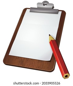 3d clipboard with a blank page and a red pencil on a white background