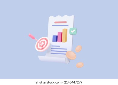 3d clipboard with business idea goals on project plan, fast progress, analytics icon. Business invoice bill expenses idea 3d icon concept. 3d icon vector render arrow hit center of target on checklist - Shutterstock ID 2145447279