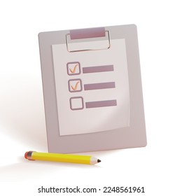 3d Clipboard with Check Marks and Pencil Plasticine Cartoon Style Isolated on a White Background . Vector illustration of Document in Test Form