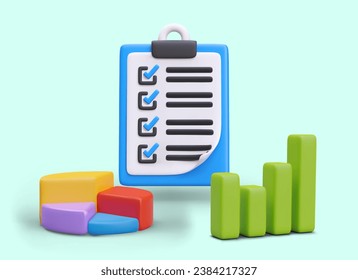 3D clipboard with checkbox, bar and pie chart. Concept of control of completed tasks, compliance with plan, accounting and analysis. Vector illustration in cartoon style