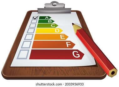 3D clipboard with a checkbox page for energy classification and diagnosis and a red pencil on a white background