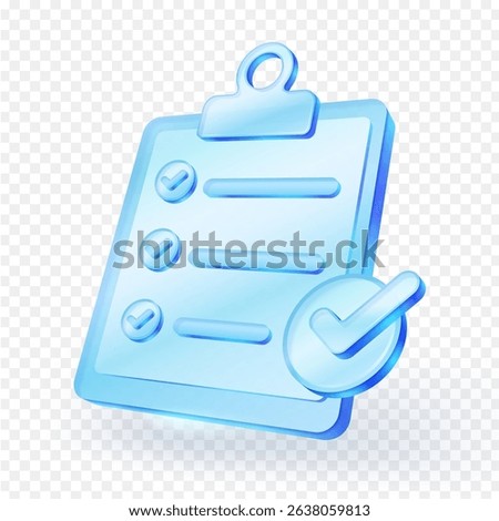3D clipboard checklist icon. Glossy glass material with check mark and big circle check symbol. Suitable for business productivity, work apps and planning visuals. Vector illustration.