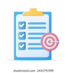 3d Clipboard, checklist symbol. Assignment target icon. Project task management and effective time planning tools. 3d rendering. Vector illustration