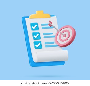 3d Clipboard, checklist symbol. Assignment target icon. Project task management and effective time planning tools. 3d rendering. Vector illustration