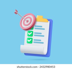 3d Clipboard, checklist symbol. Assignment target icon. Project task management and effective time planning tools. 3d rendering. Vector illustration