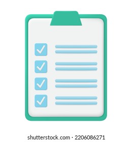 3d Clipboard with checklist. Todo check list. Concept of business, education, task management and productivity. 3d vector icon.