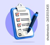 3d clipboard icon with Check List and pen vector illustration