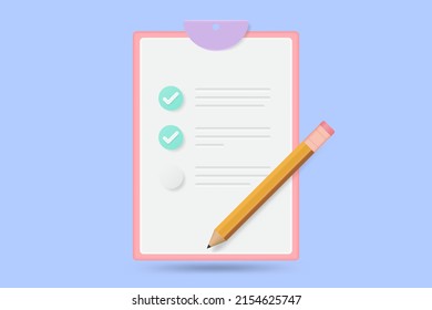 3d Clipboard paper and pencil on background. 3D Vector Illustration