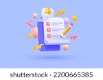 3d clipboard and pencil on purple background. Notepad illustration. 3d vector illustration