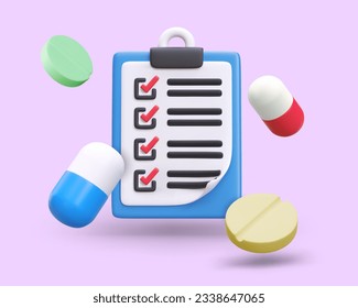 3D clipboard, pills. List of medications to be taken. Notes on performed procedures. List for pharmacy. Pharmacy inspection checklist. Vector poster on colored background