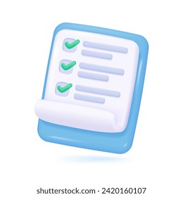 3D clipboard. Questionnaire. Summary of activities. Check mark on check box Validation. 3D vector Illustration.