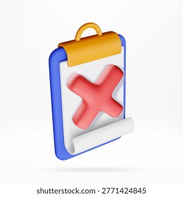 3d clipboard with red cross mark on white paper. Task list rejection symbol illustration. Business document with negative status for project validation and office workflow concept. Vector illustration