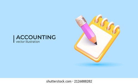 3D clipboard or sheduller with pencil. Successful completion of business tasks. 3D Accounting and Financial Management Concept. Realistic 3D Vector Illustration.