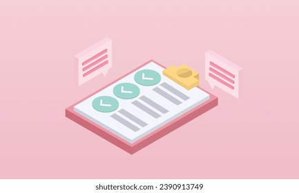 3d clipboard task plan management todo check list with bubble, efficient work on project plan, fast progress, level up concept, assignment and exam checklist 3d icon.on pastel pink background.