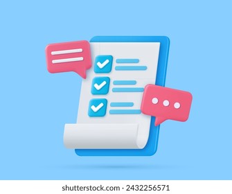 3d clipboard task plan management todo check list with bubble, efficient work on project plan, fast progress, level up concept. 3d rendering. Vector illustration