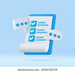 3d clipboard task plan management todo check list with bubble, Document in test form with check marks and stripes abstract questions. Clipboard and check marks. 3d rendering. Vector illustration