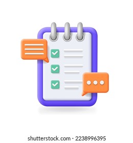 3d clipboard task plan with text bubble. Todo check list, approved project plan comments. Vector illustration.