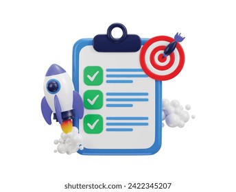 3d clipboard with todo checklist target on aim with rocket for self growth icon illustration