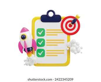 3d clipboard with todo checklist target on aim with rocket for self growth icon illustration