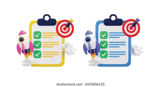 3d clipboard with todo checklist target on aim with rocket for self growth icon illustration set