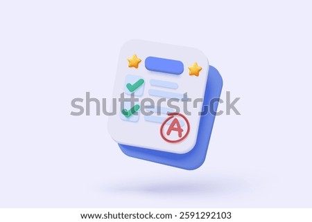 3d clipboard tool icon signs for exam and write paperwork. teacher task for learn graduation and result score, education academic feedback, back to school. 3d examining icon vector render illustration