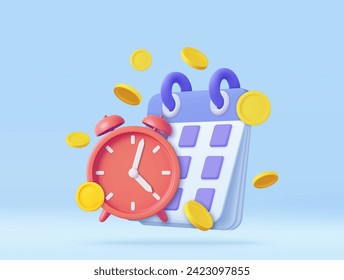 3D Clock, Calendar and Golden Coins. Time is Money Concept. Annual Revenue, Financial Investment, Savings, Bank Deposit, Future Income. 3d rendering. Vector illustration