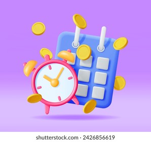 3D Clock, Calendar and Golden Coins Isolated. Render Time is Money Concept. Annual Revenue, Financial Investment, Savings, Bank Deposit, Future Income, Business Money Benefit. Vector Illustration